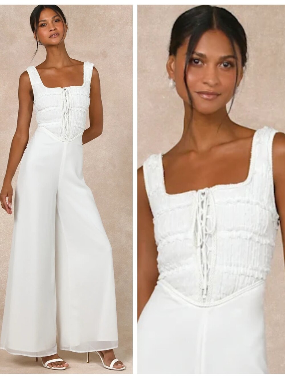 NWT Lulus Majorly Iconic White Swiss Dot Ruffled Lace-Up Jumpsuit Women's Large